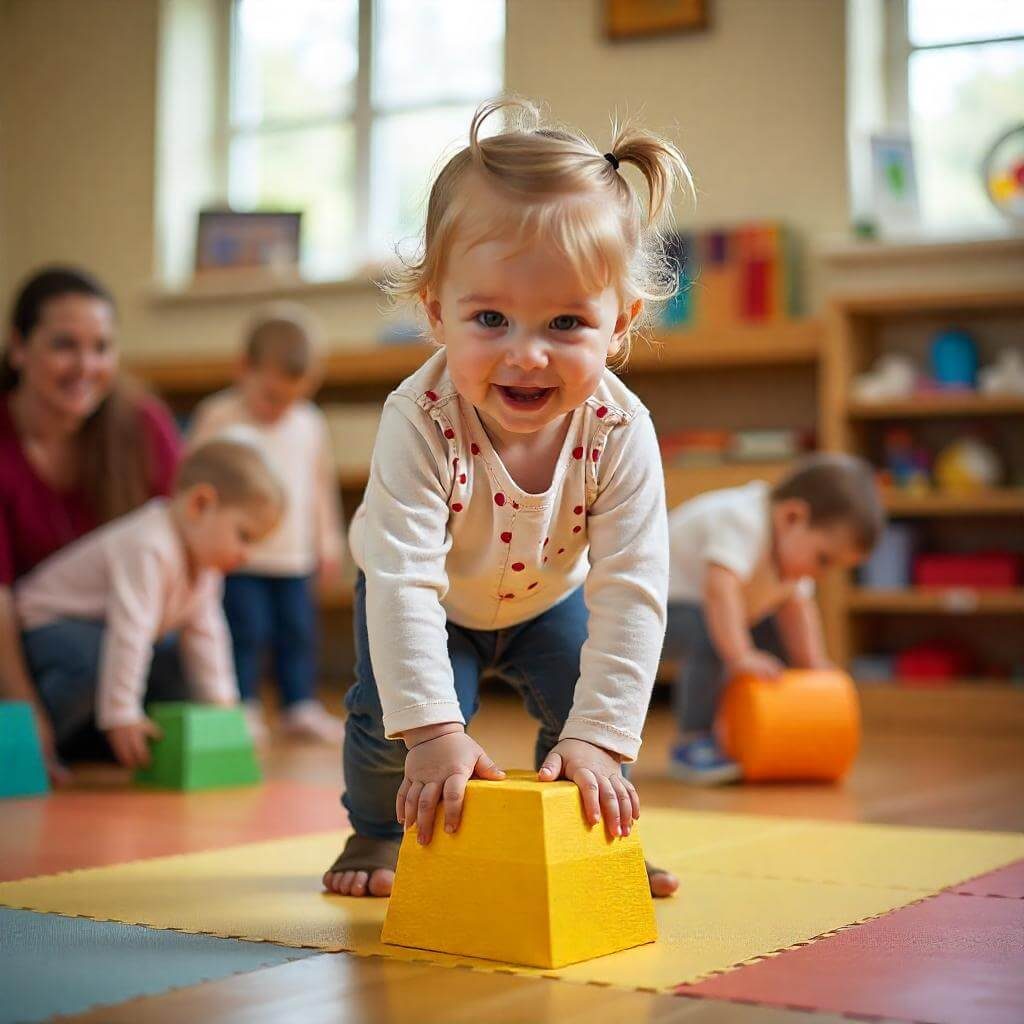 A toddler climbing over a yellow block in a Playful Motion class
